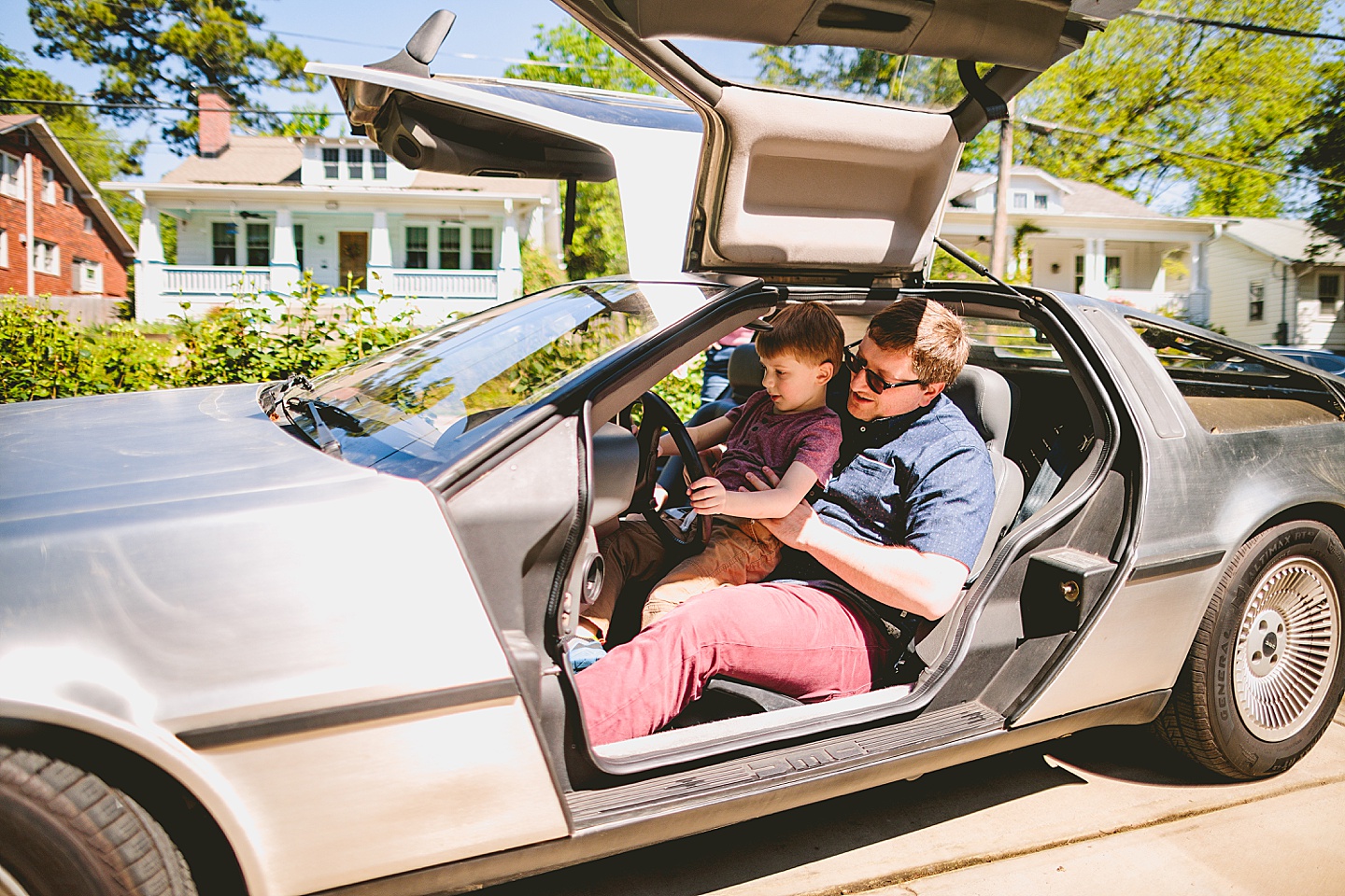 Family pictures with a DeLorean in Raleigh