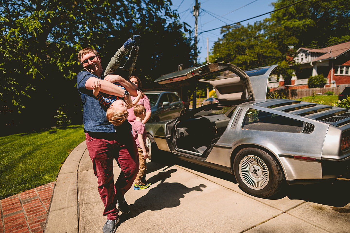 Family pictures with a DeLorean in Raleigh