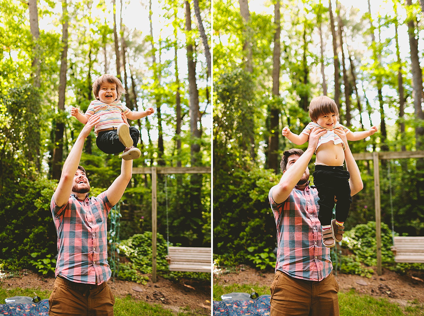 Dad tossing smiling toddler in the air during photos