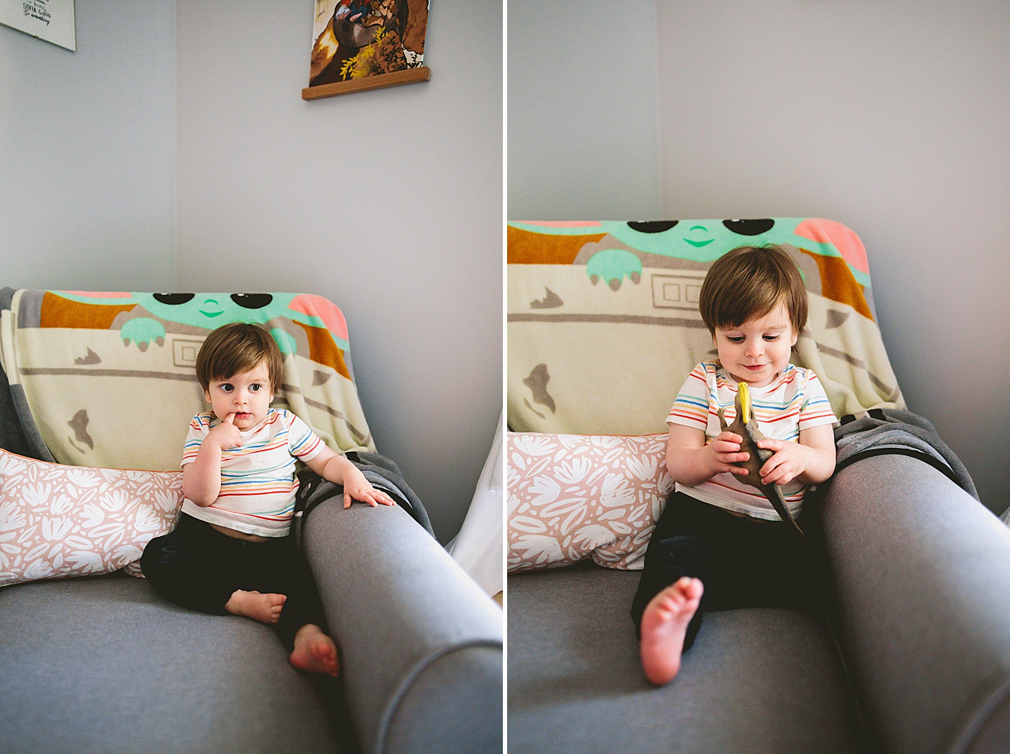 Toddler sitting in big chair in his room