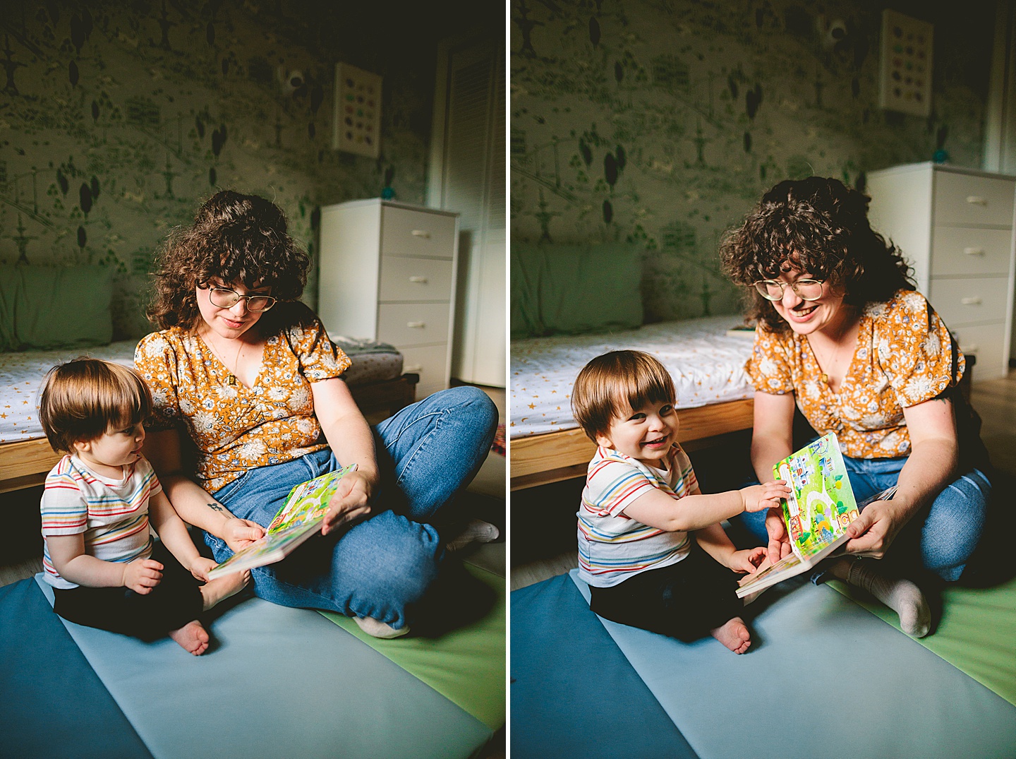 Mom reads book to son on the floor