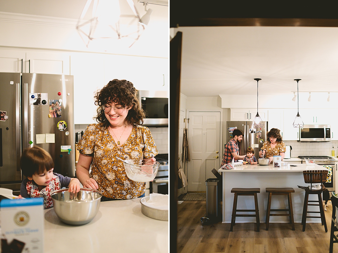 Parents laugh while making brownies with toddler