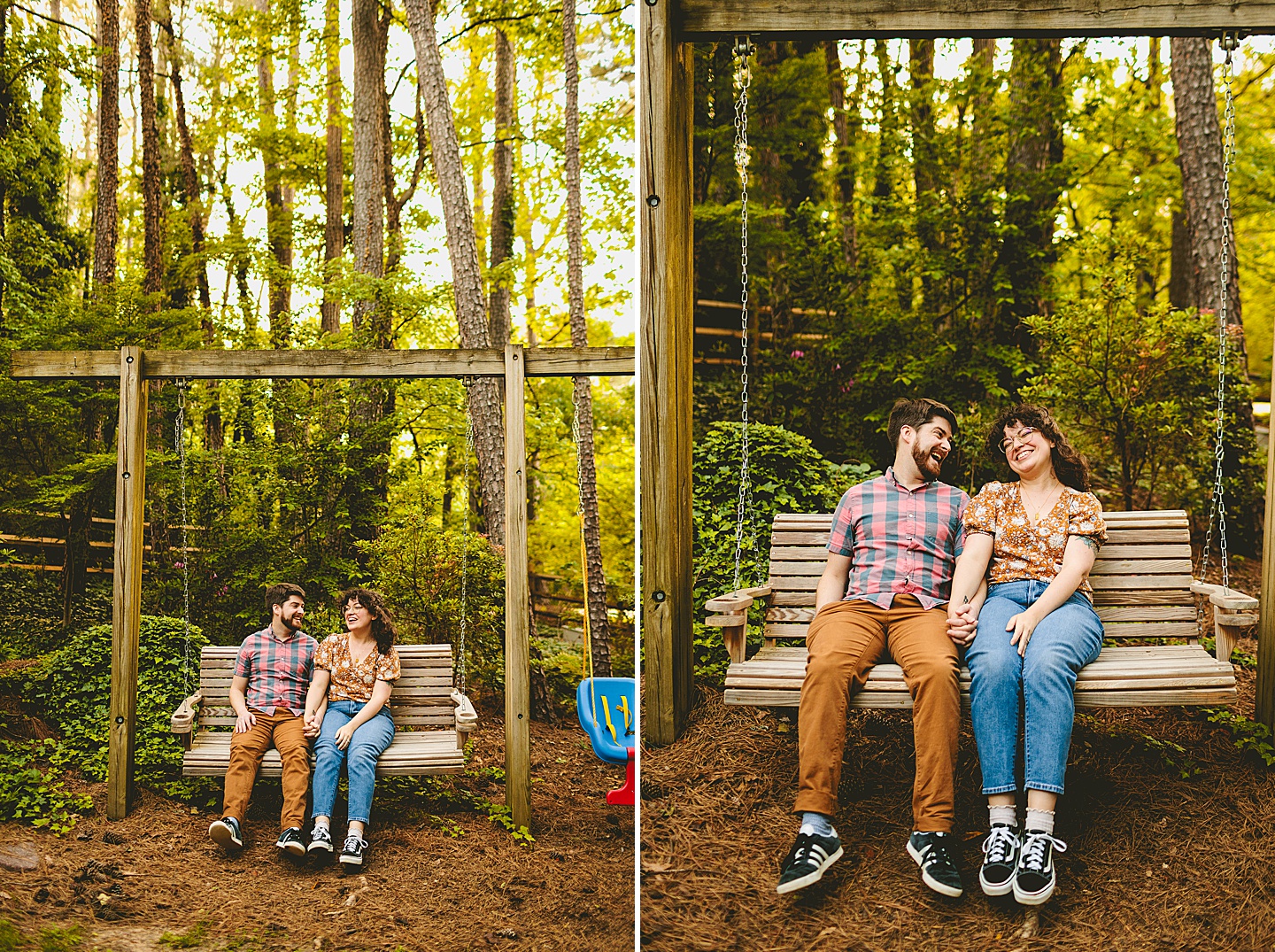 Couple sitting on backyard swing and laughing
