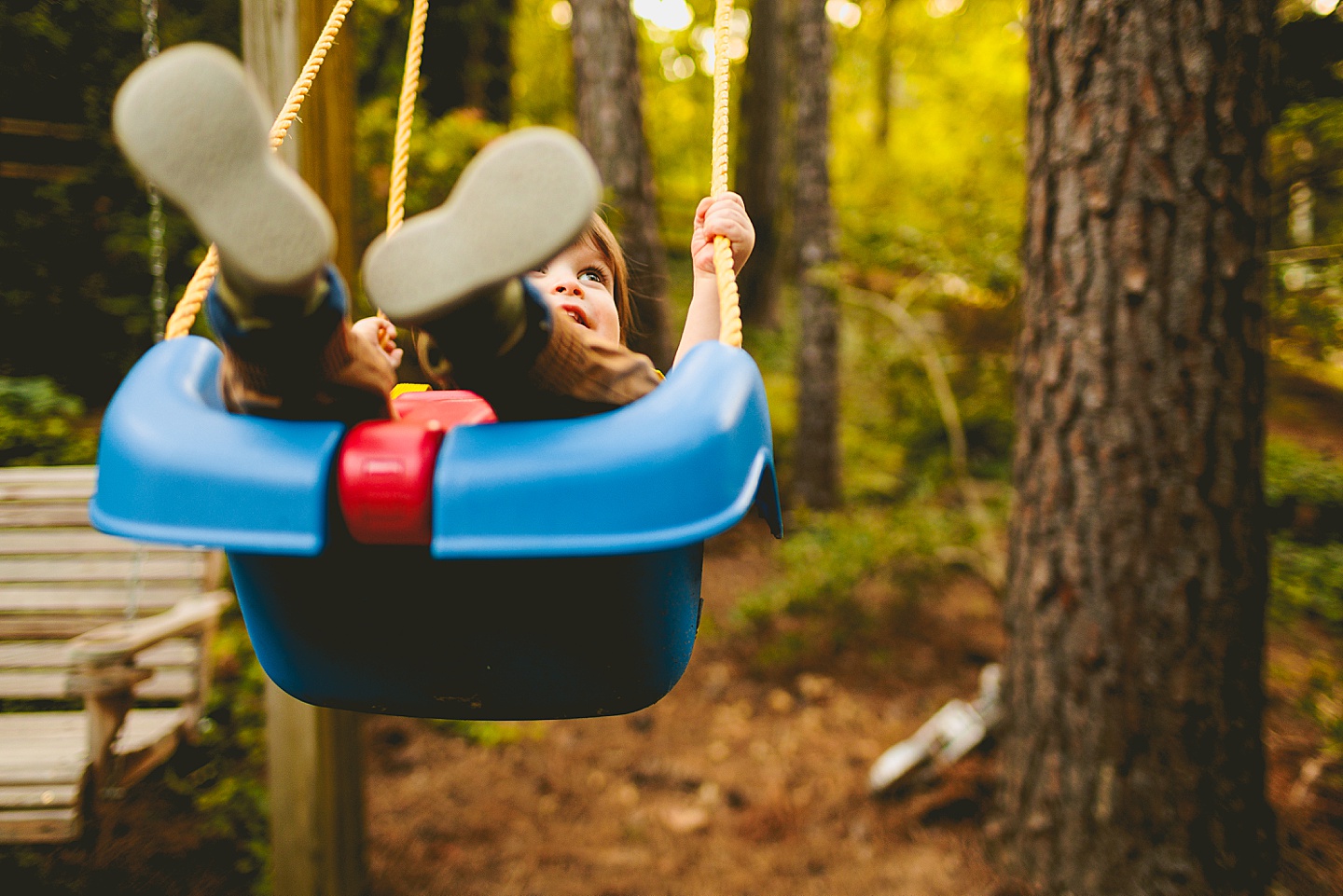 Kid swinging in his backyard