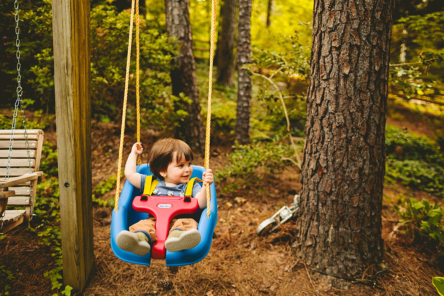 Kid swinging in his backyard