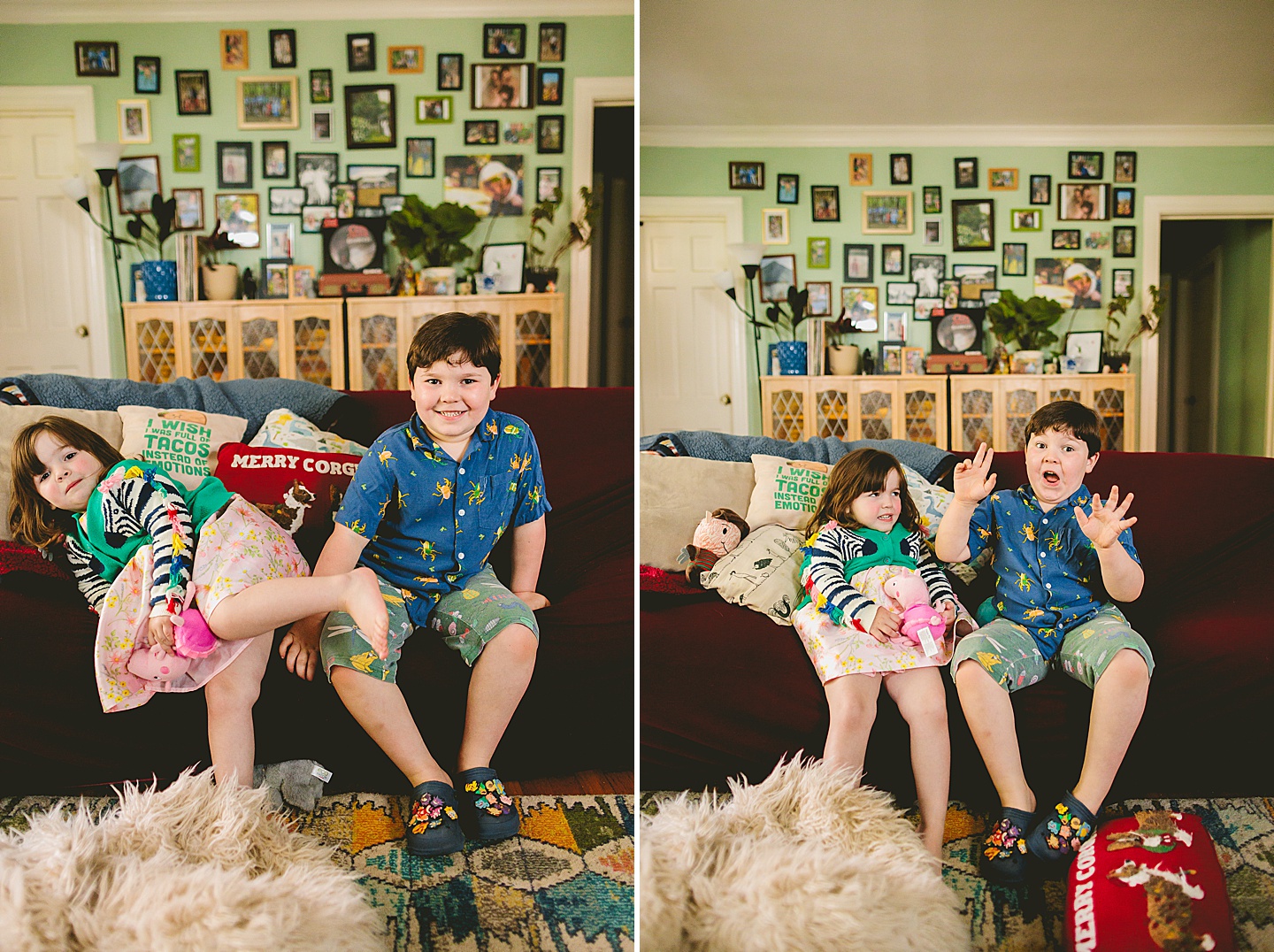Siblings during at home family portraits in durham sit on couch