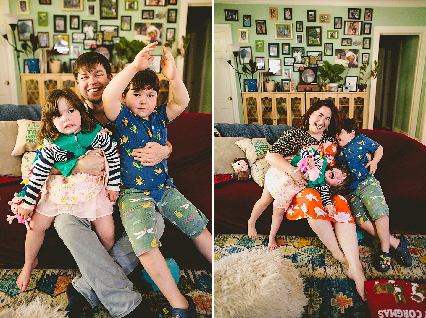 Siblings during at home family portraits in durham sit on couch