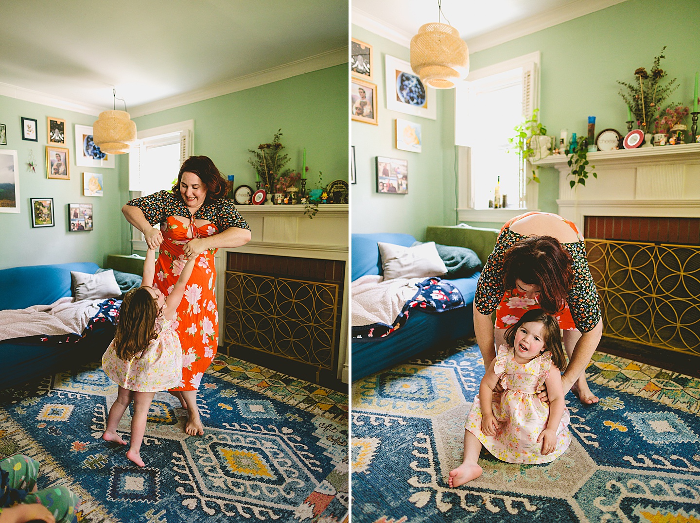 Family dancing around living room