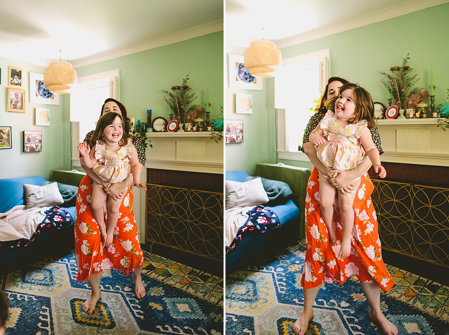 Family dancing around living room