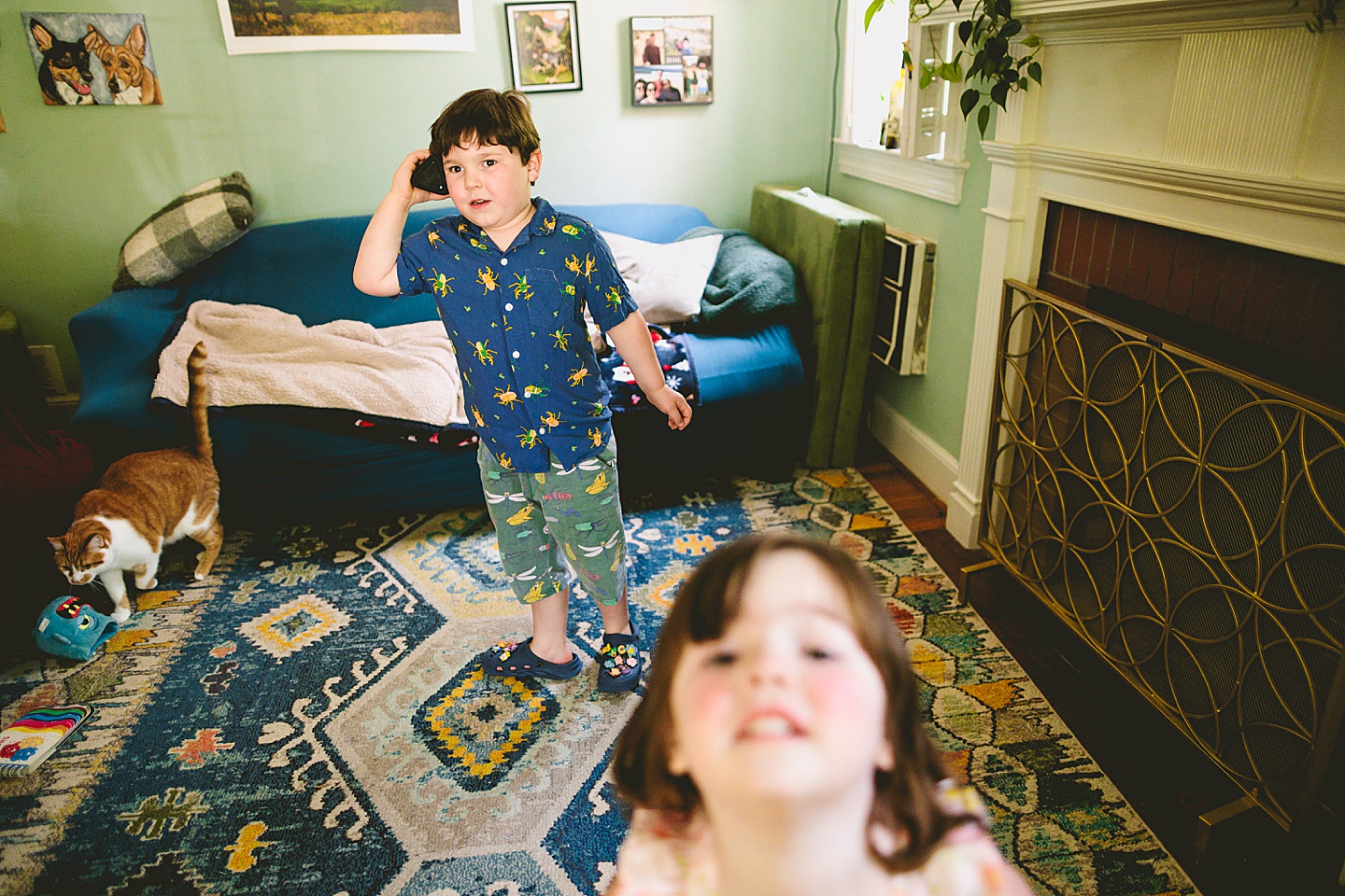 Family dancing around living room