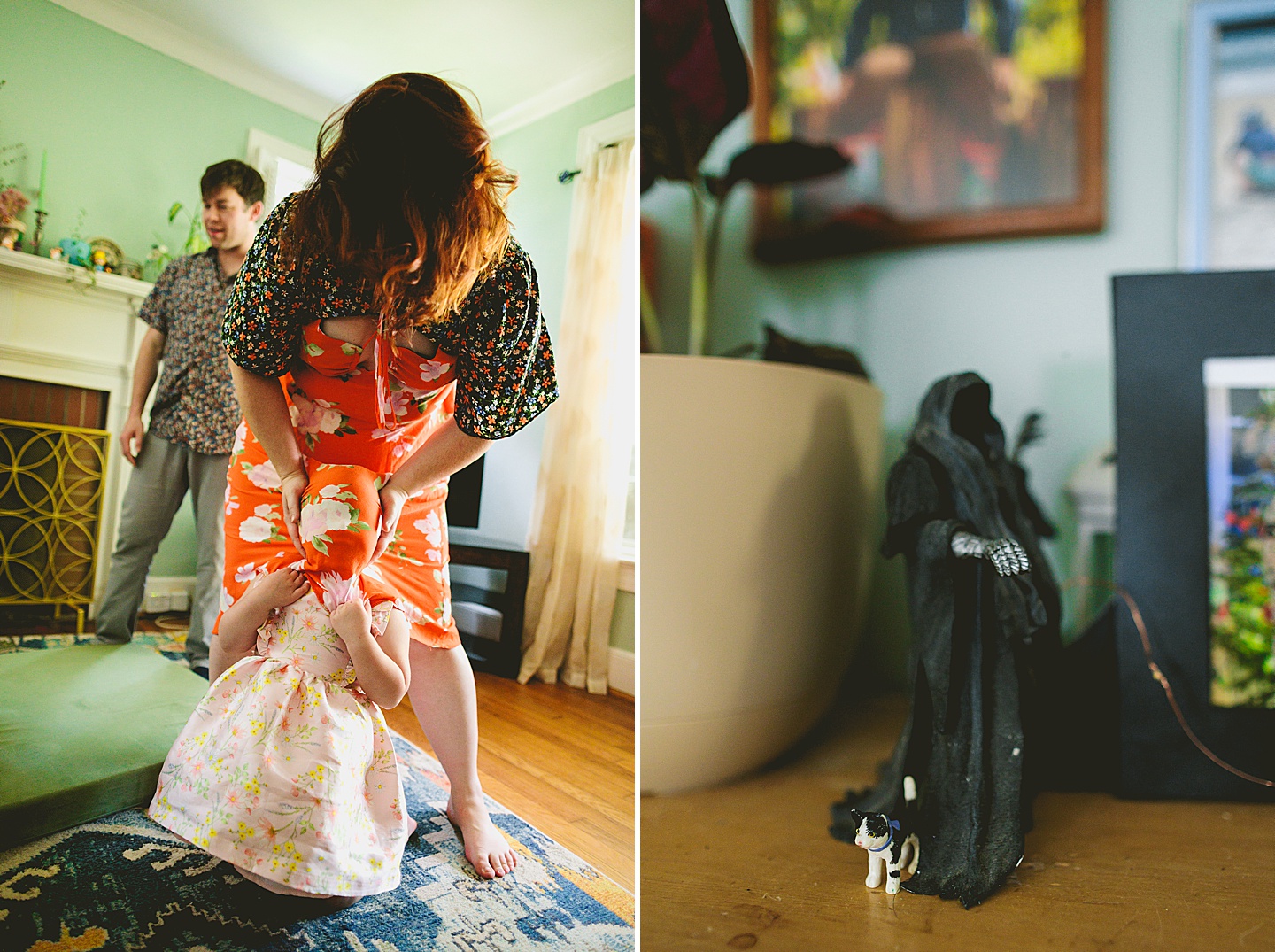 Family dancing around living room