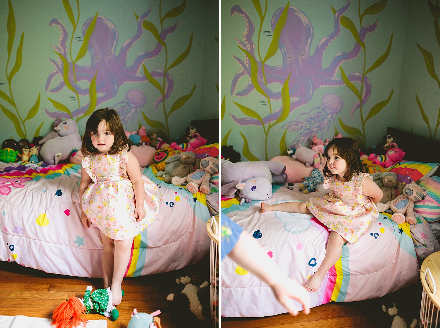 Girl surrounded by stuffed animals