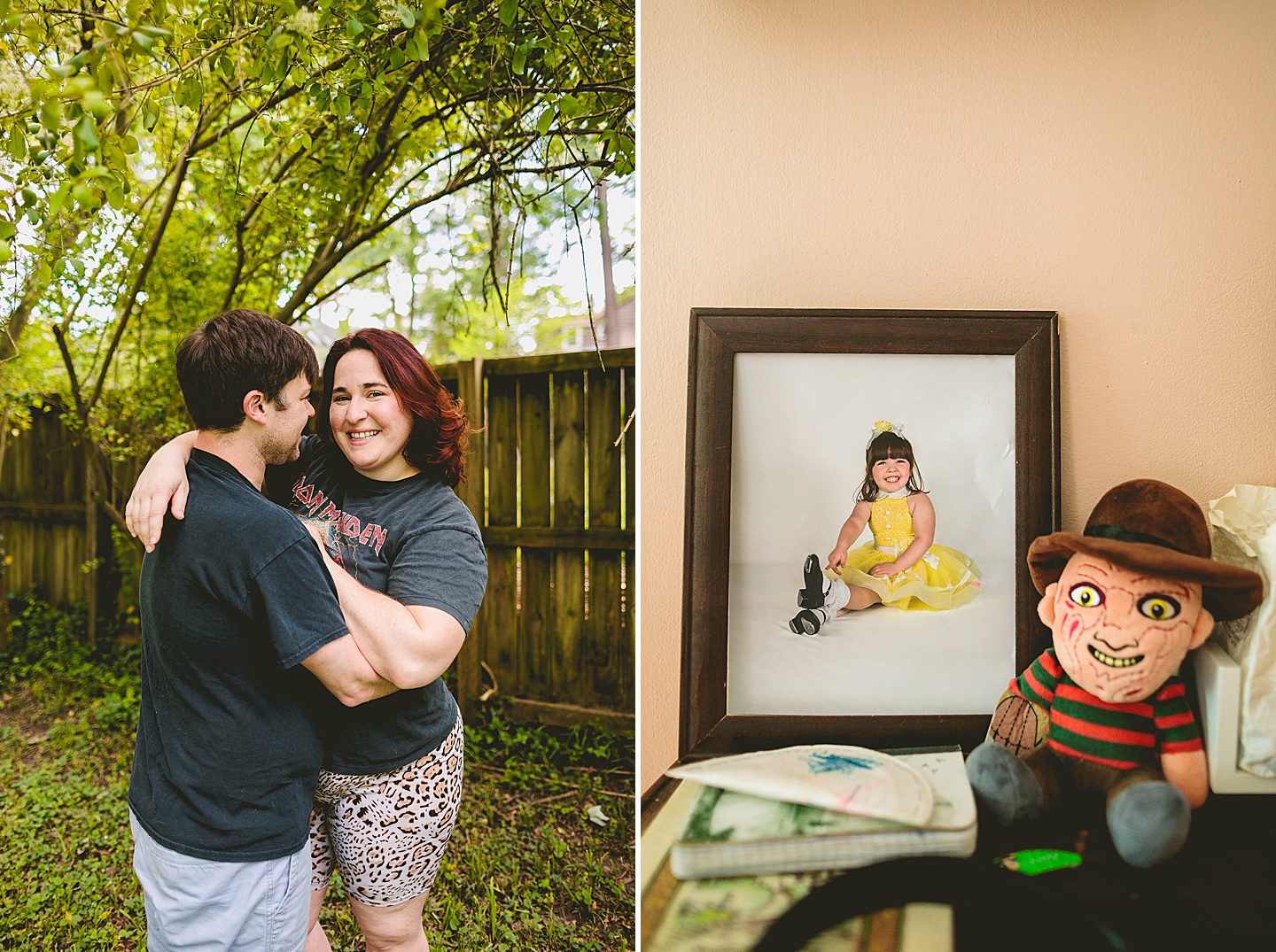 Couple smiling in yard for photos in Durham