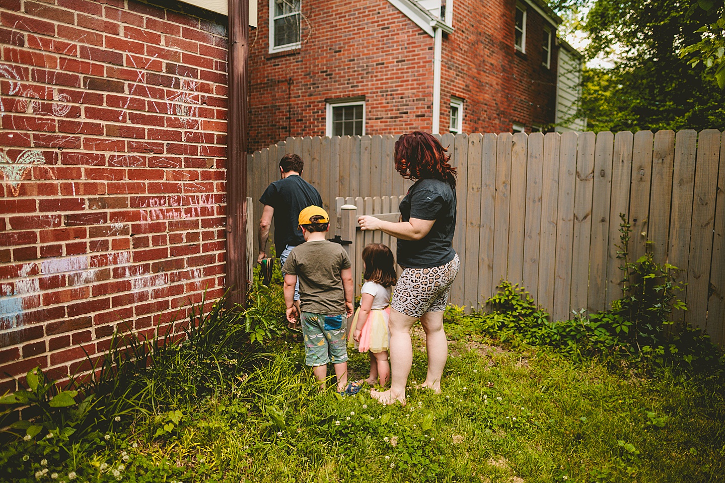 Family walking through yard