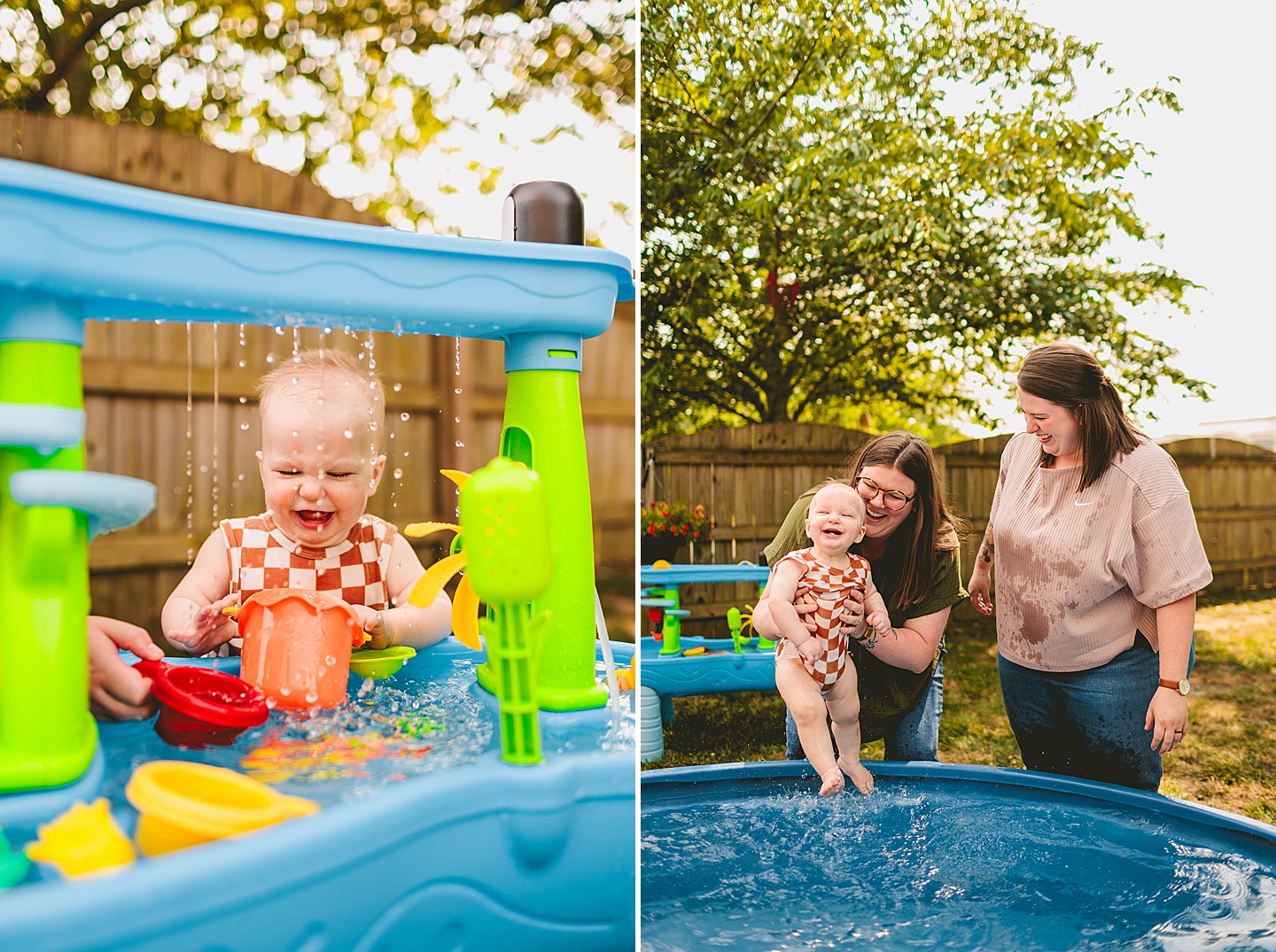 Baby playing in a pool with moms