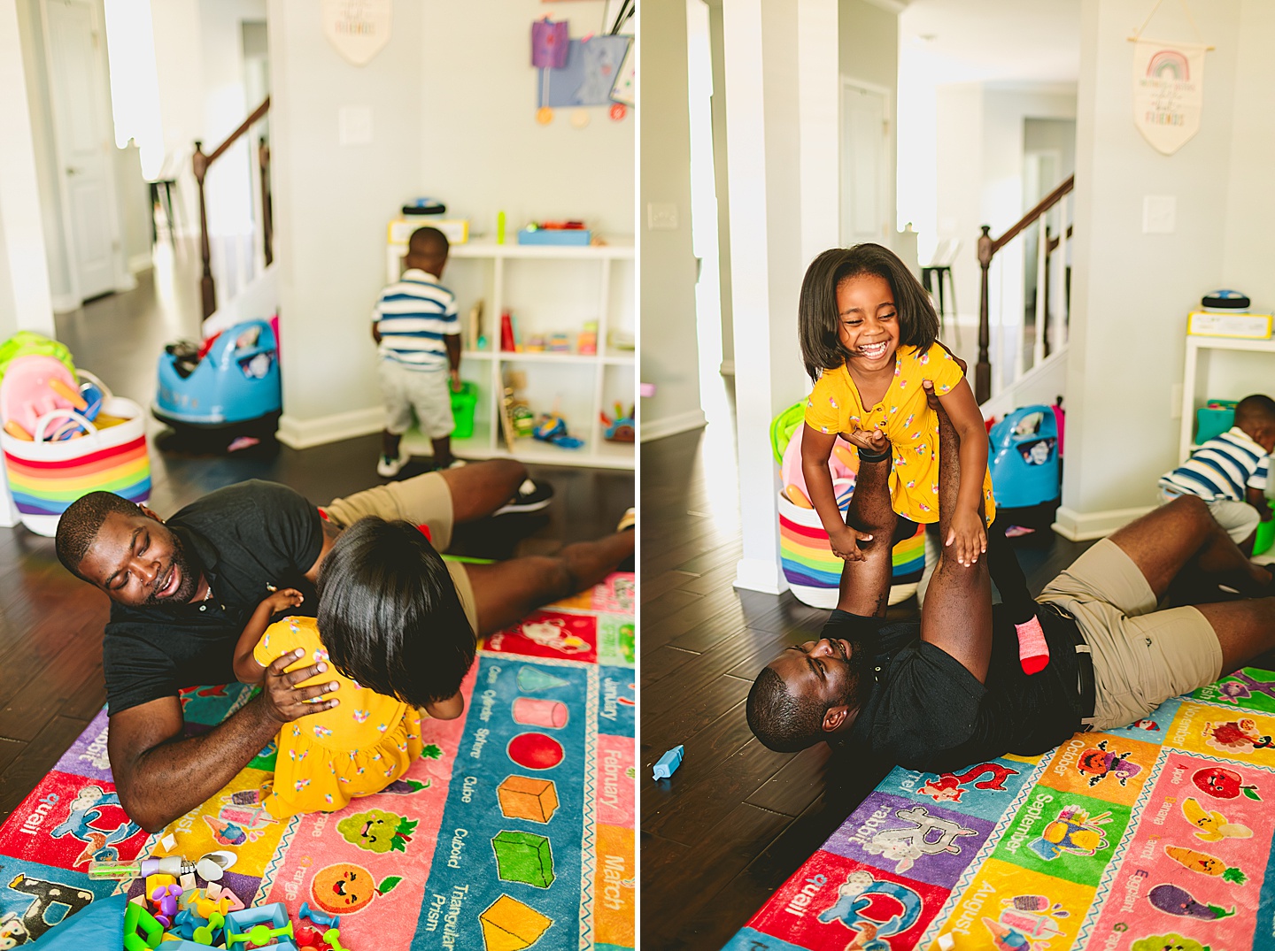 Dad wrestling with kids during family photos at home in Cary NC