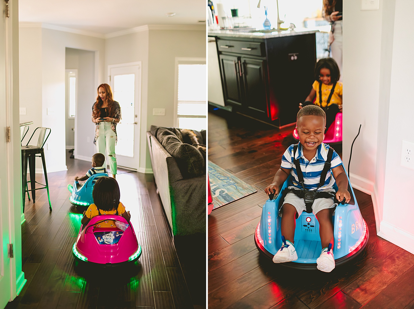 Kids riding go karts in the house
