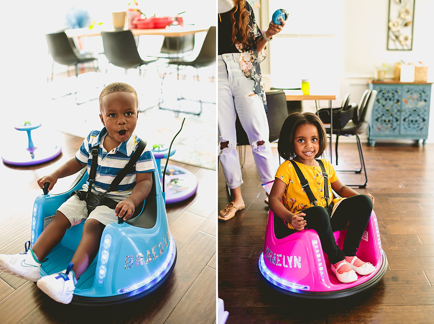 Kids riding go karts in the house