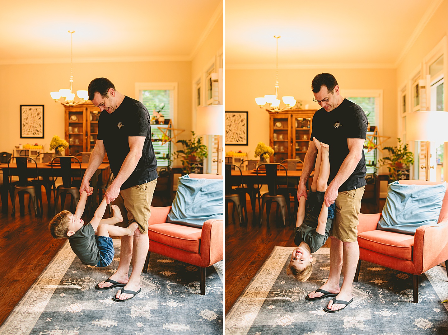 Kid playing with dad in living room during family photos