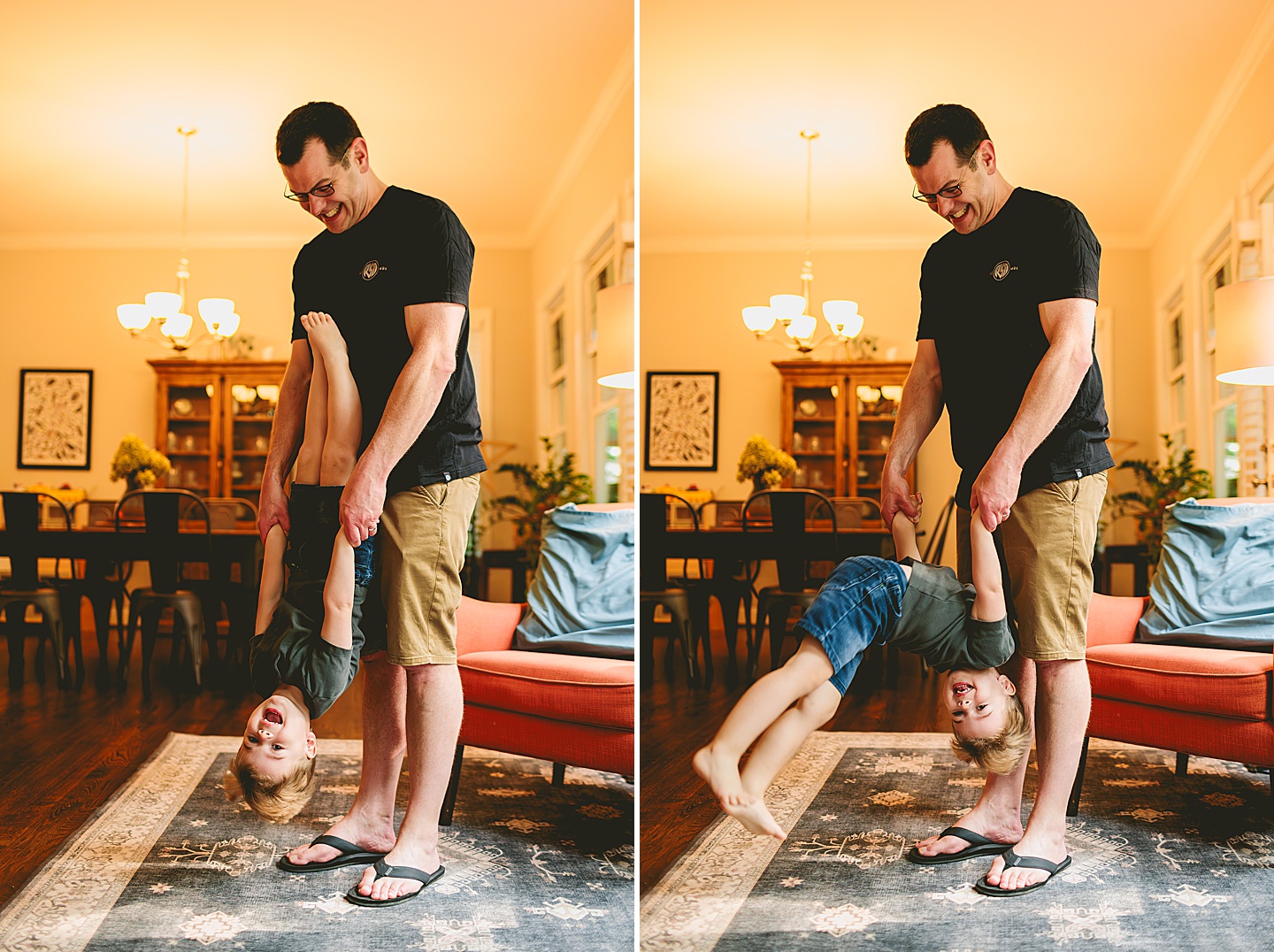 Kid playing with dad in living room during family photos