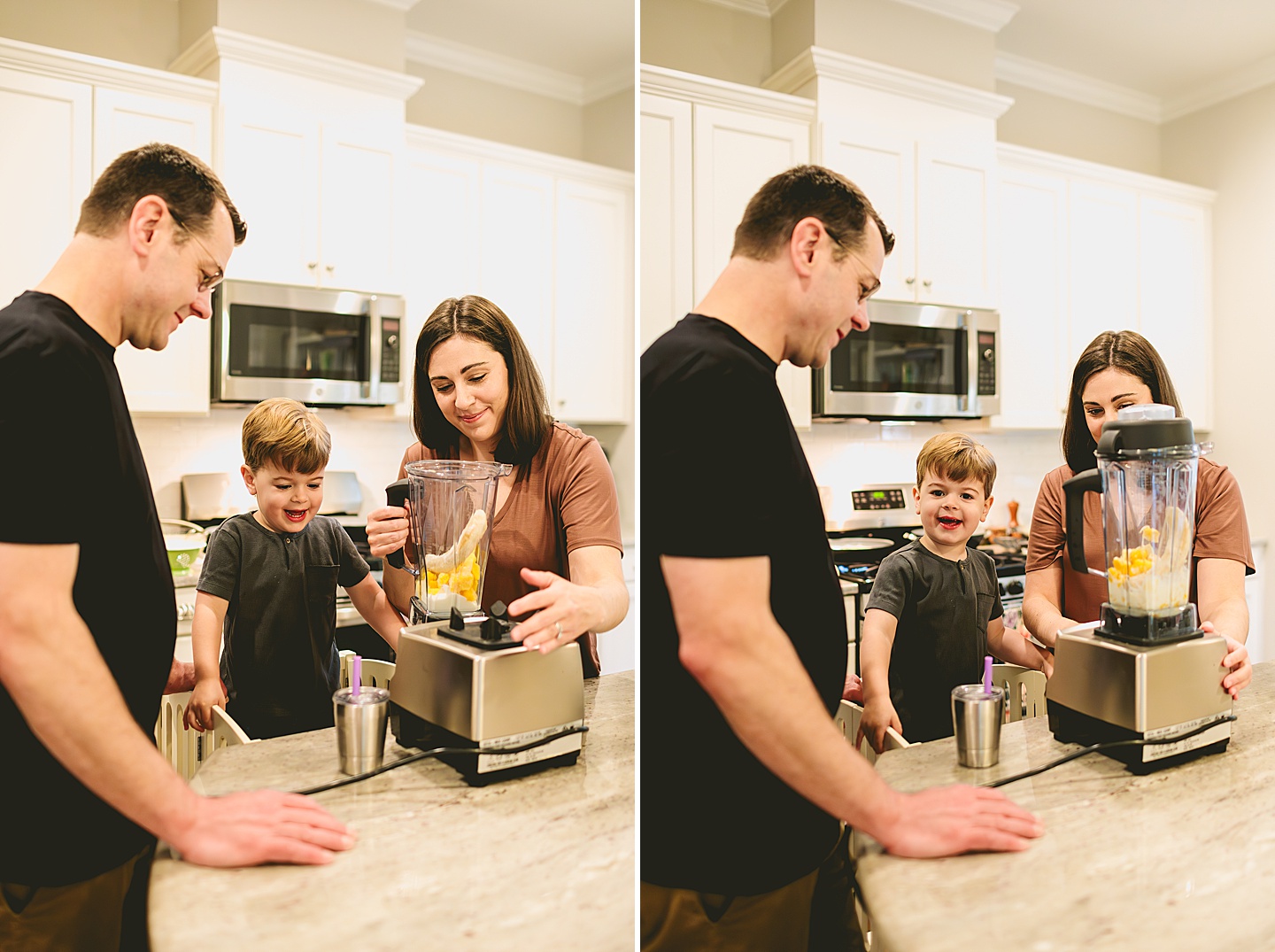 Kid making a smoothie with his parents in the kitchen