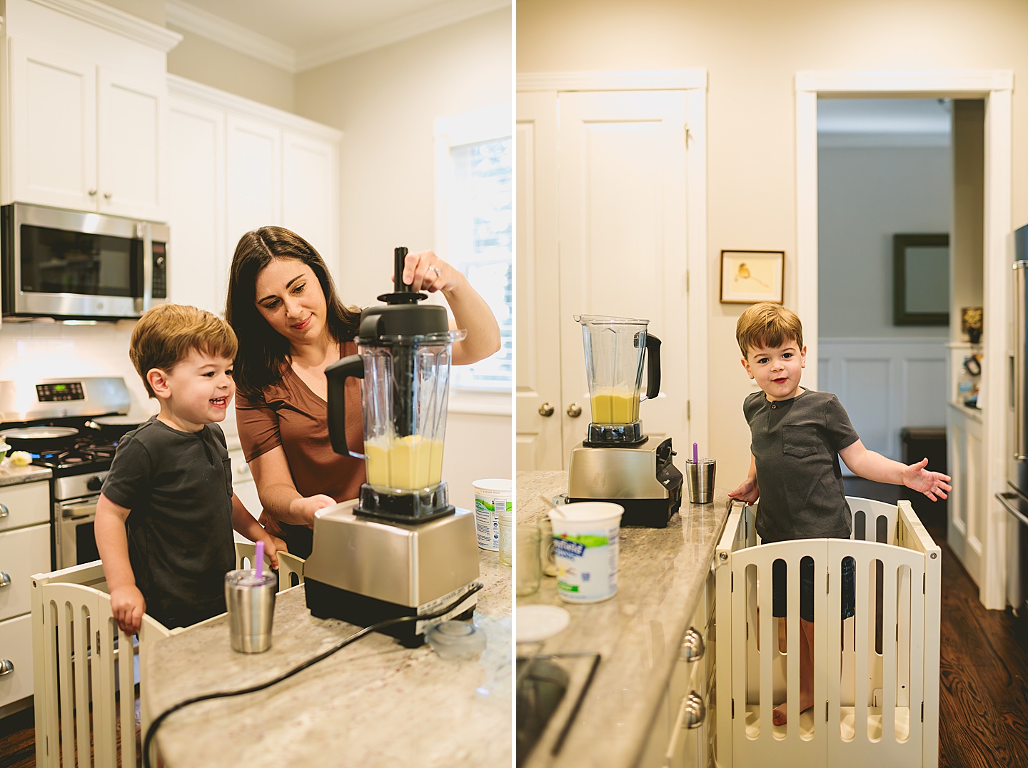 Kid making a smoothie with his parents in the kitchen