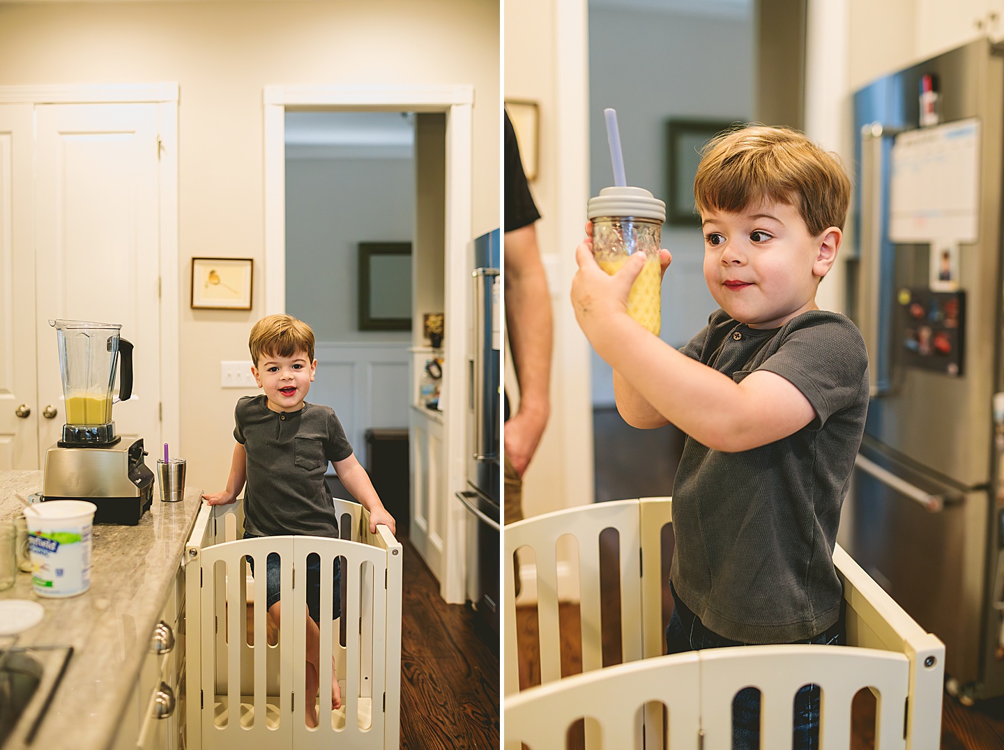 Toddler holding up a smoothie