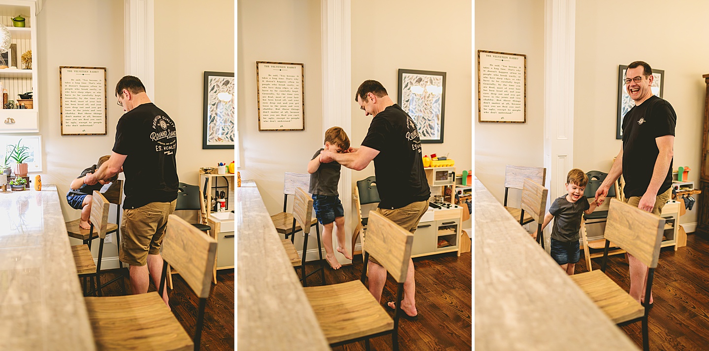 Toddler jumping off kitchen chair