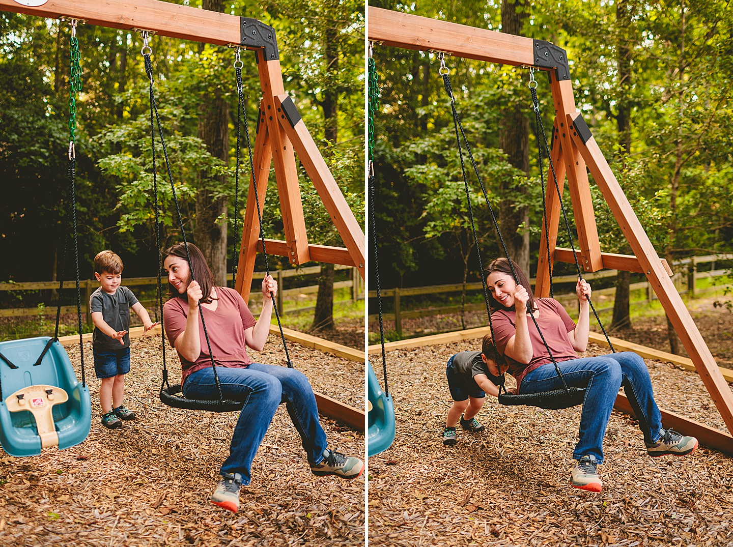 Child pushing mom on a swing