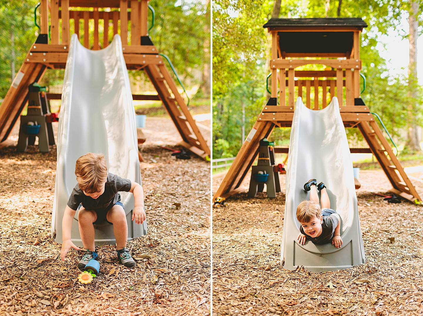 Kid going down a slide in backyard