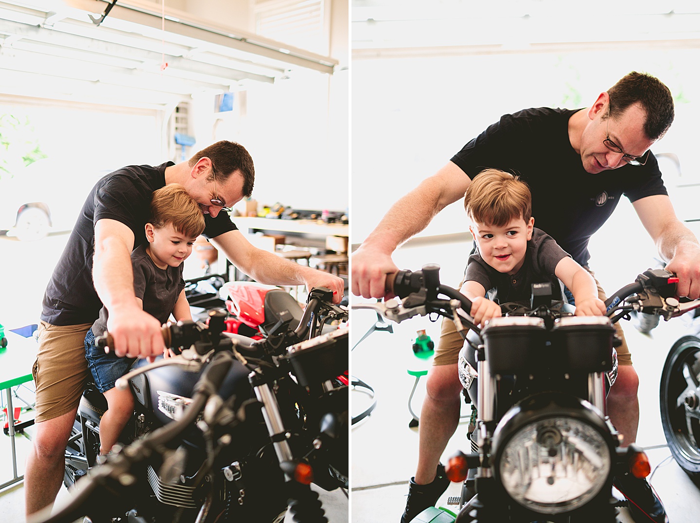 Child sitting on motorcycle with his dad