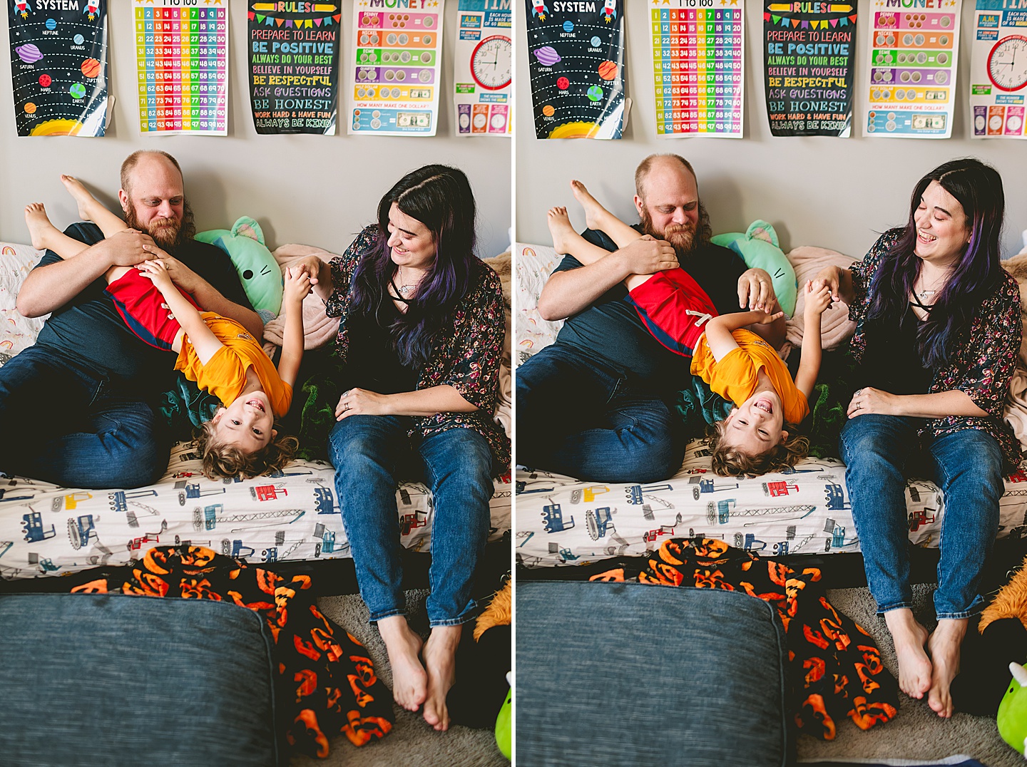 At home family photos of mom and dad wrestling with child