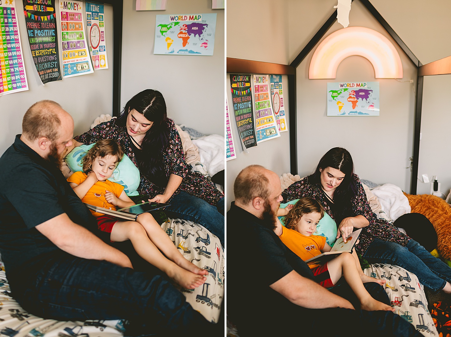 Parents reading to child in bed