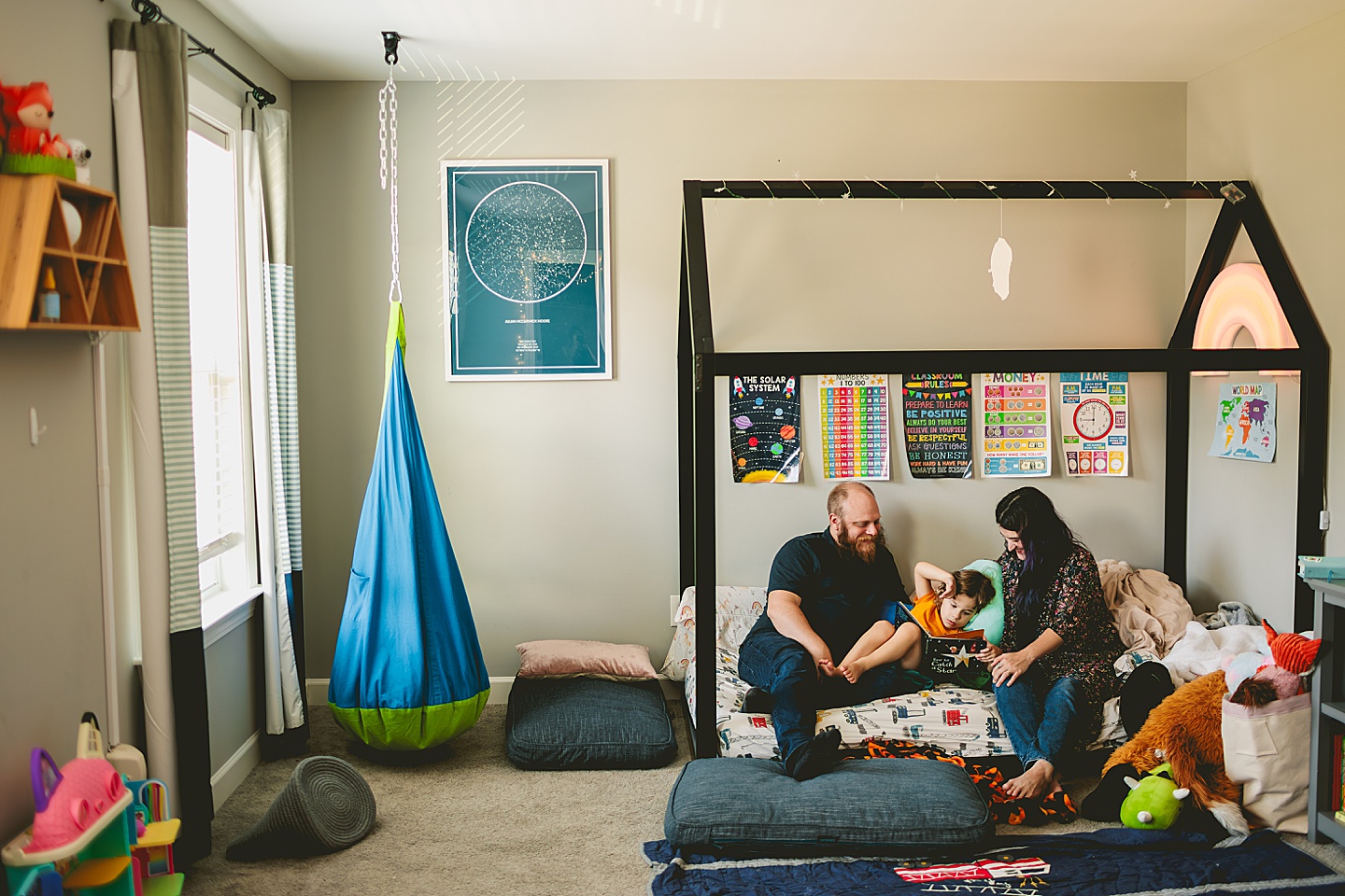 Parents reading to child in bed