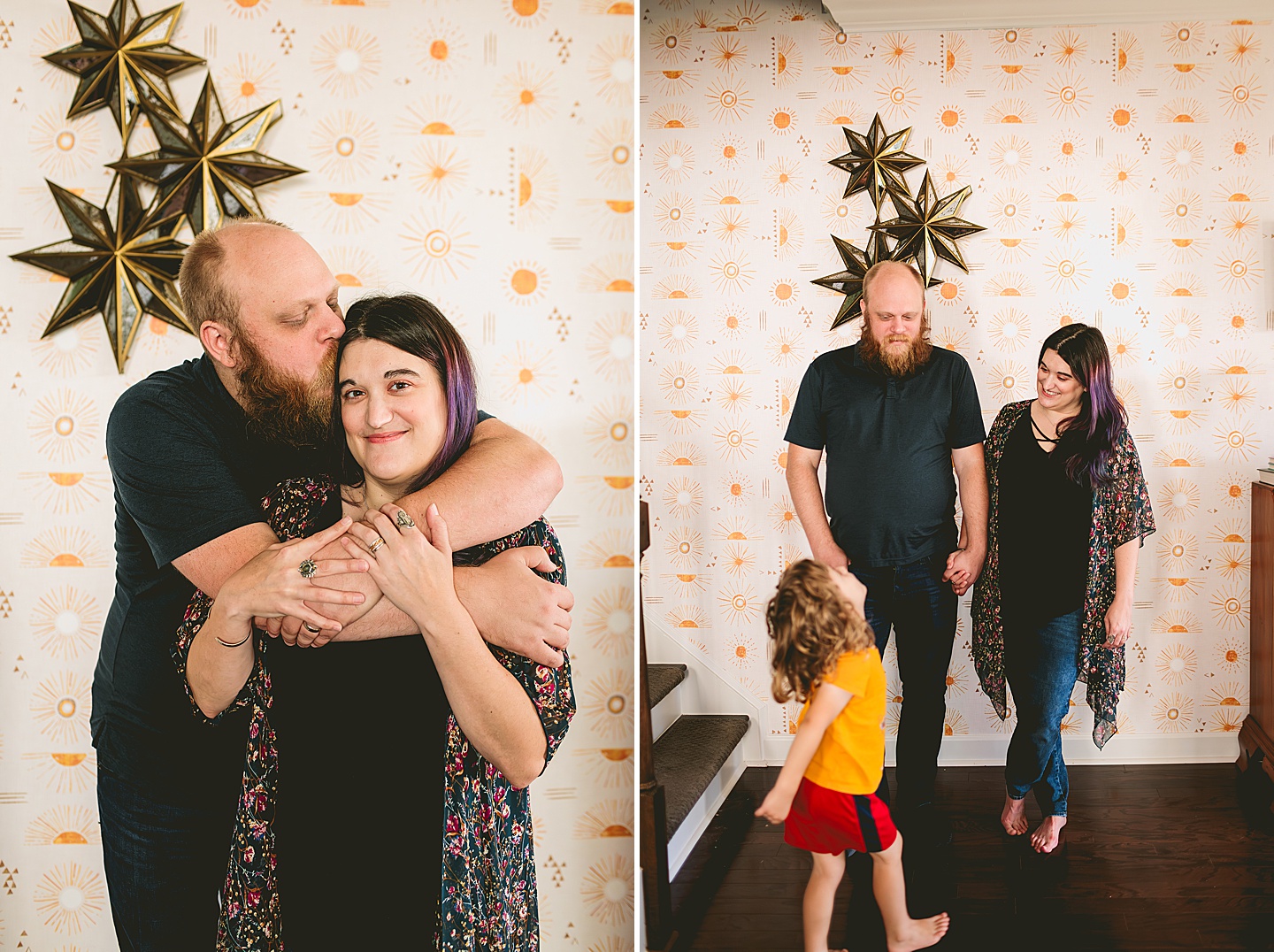 Portrait of a couple by a wallpapered wall