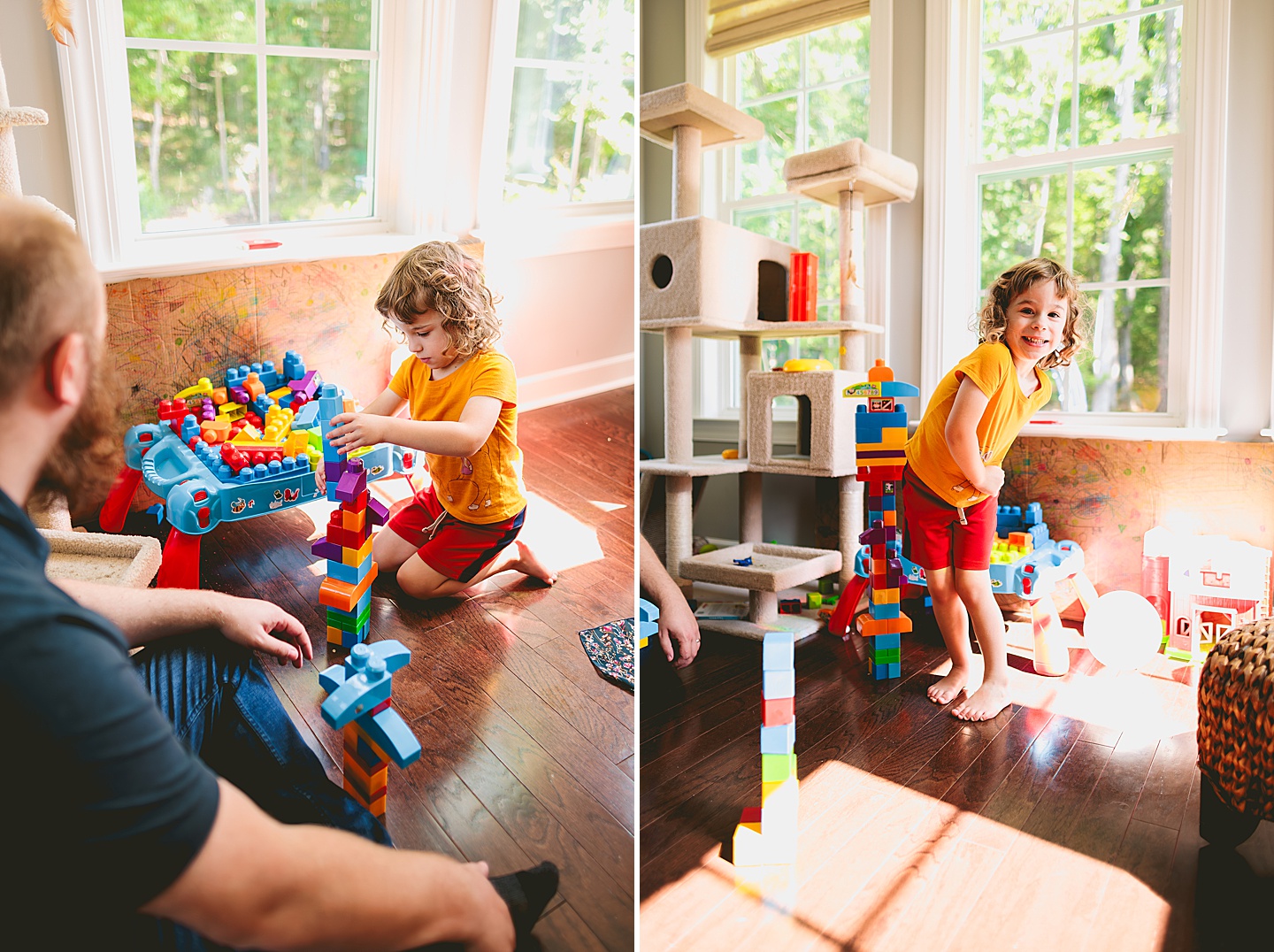 Family playing with blocks in sunroom