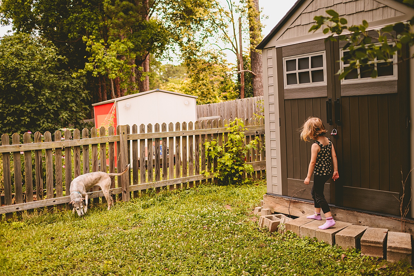 Kid walking outside with dog