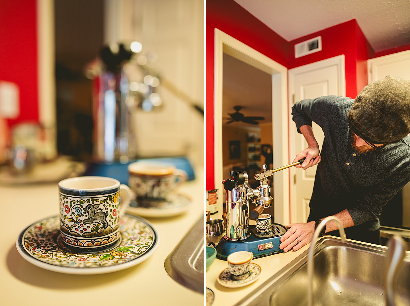 Couple making coffee in a red kitchen