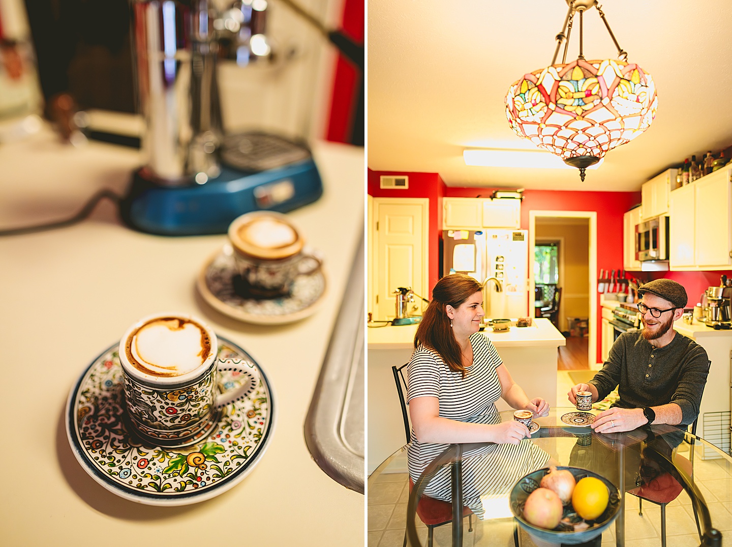 Couple making coffee in a red kitchen