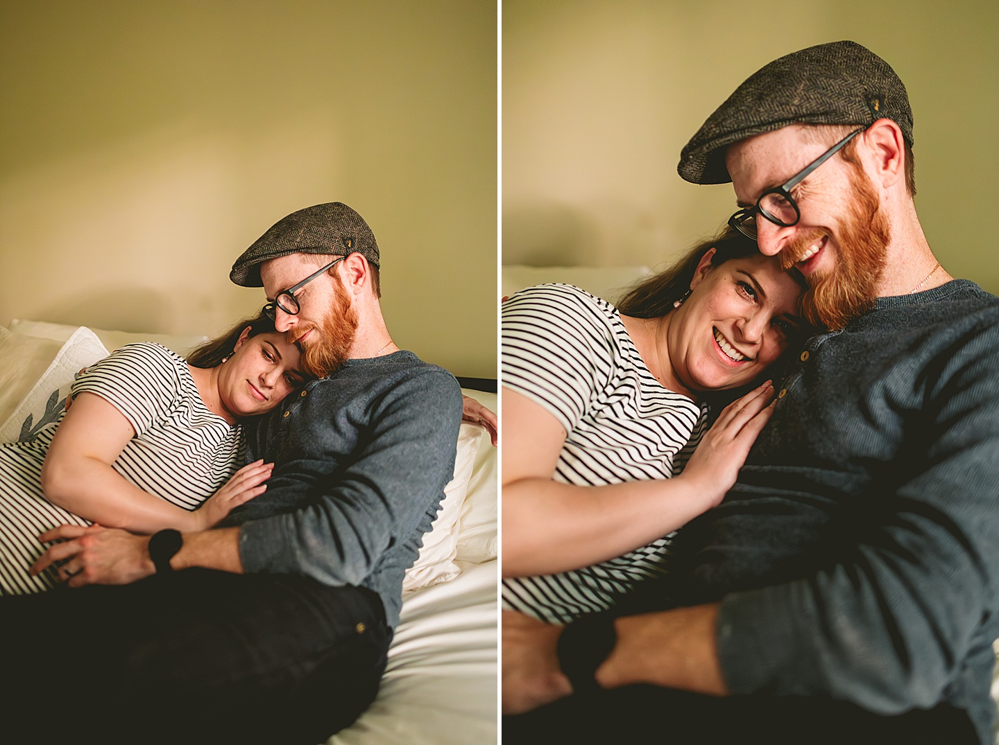 Couple cuddling on bed