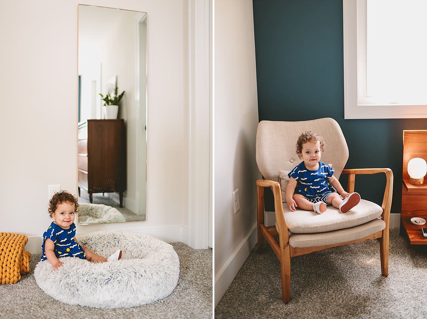 Toddler sitting in dog bed