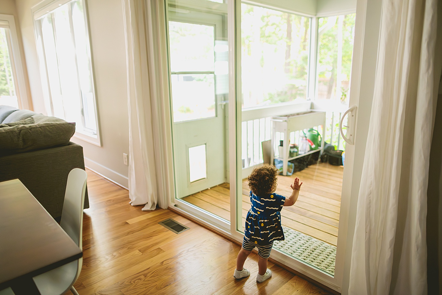 Toddler looking out glass window