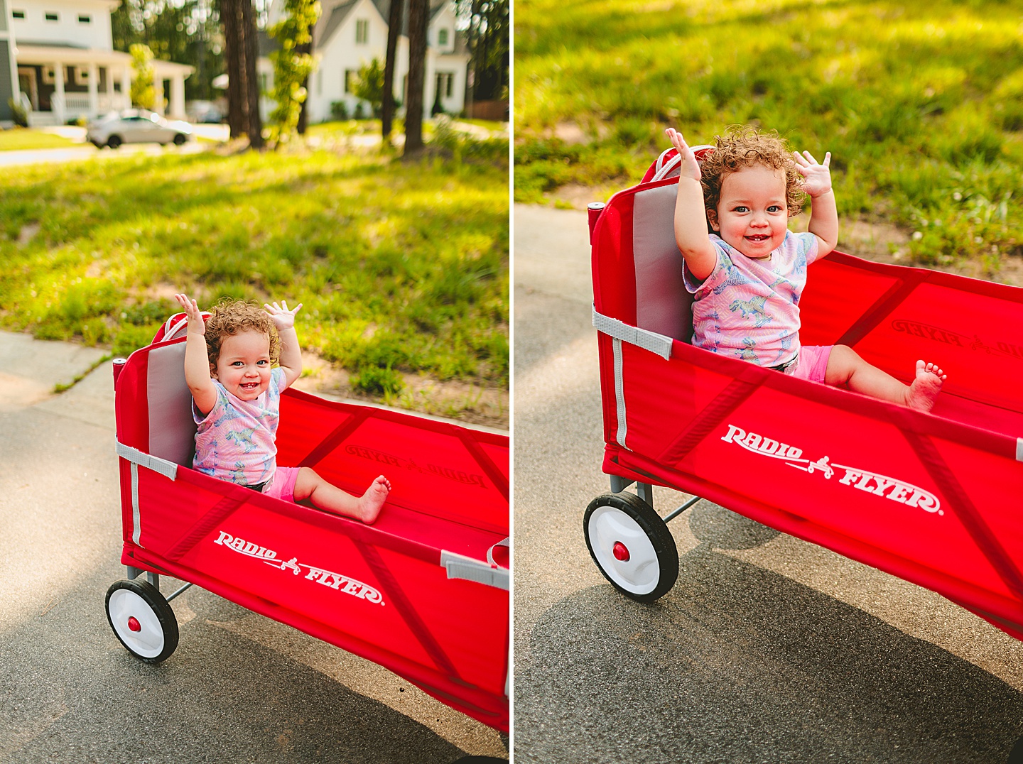 Baby riding in red wagon