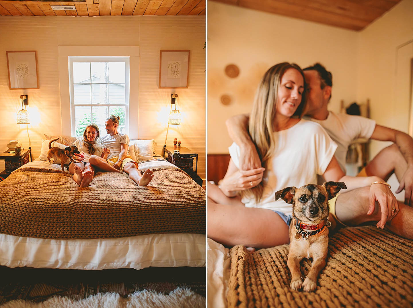 Couple sitting on bed with their dog