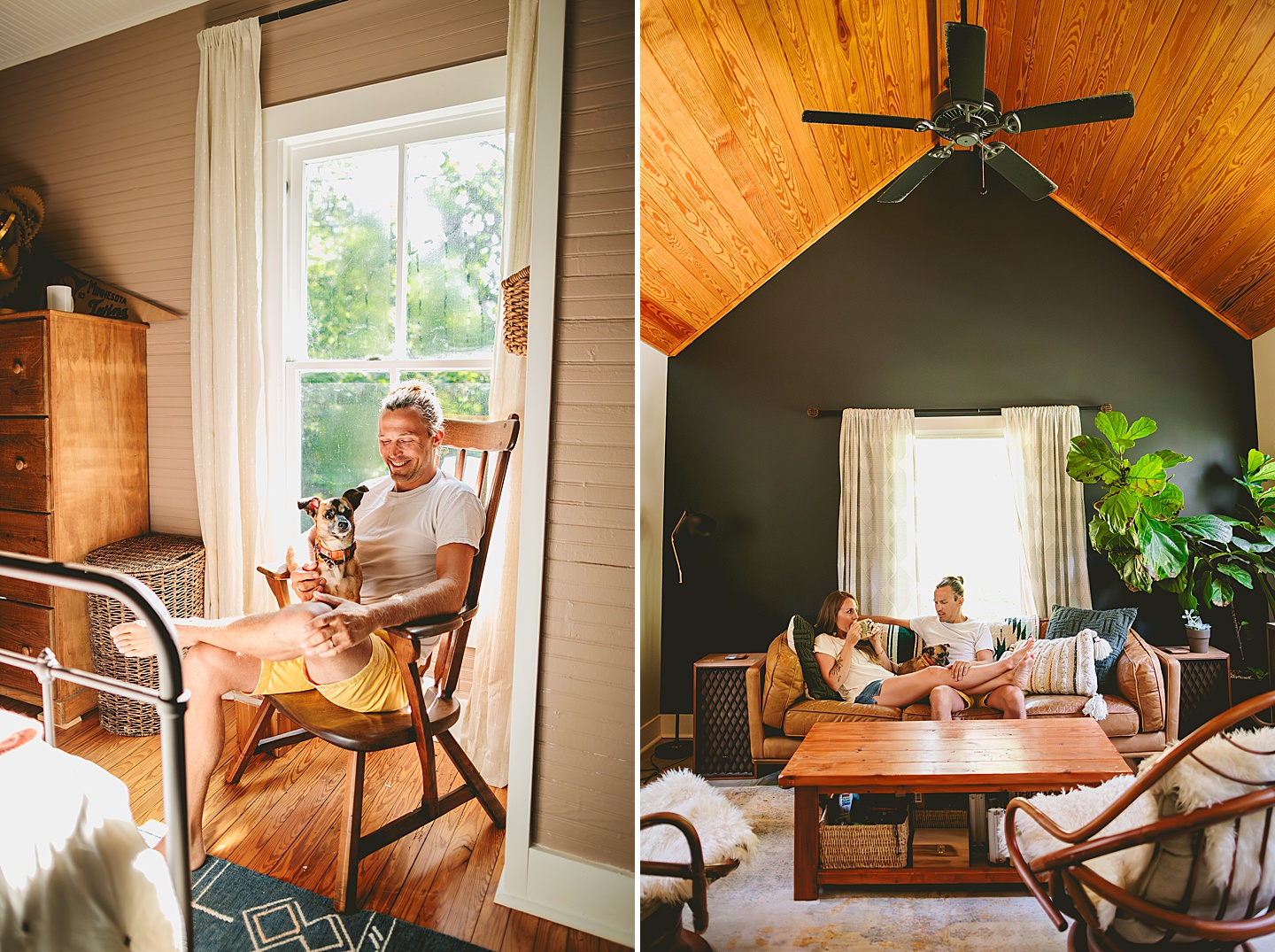 Man sitting in rocking chair holding dog