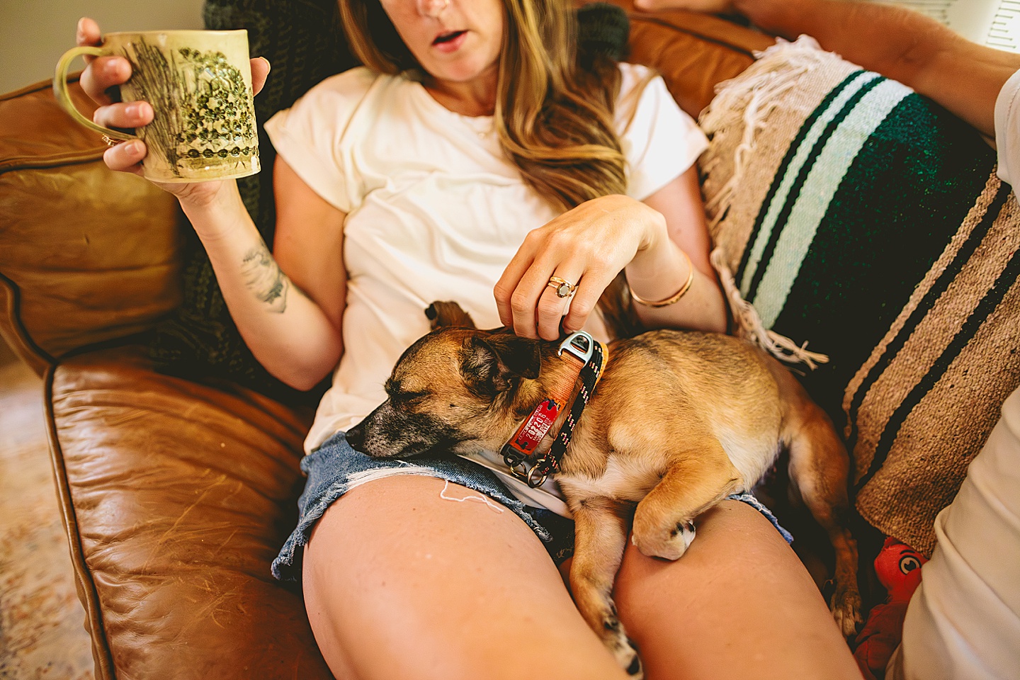 Couple sitting on couch with small dog at home in Hillsborough