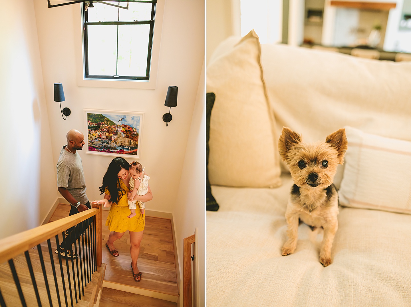 Parents walking downstairs with baby and picture of small dog