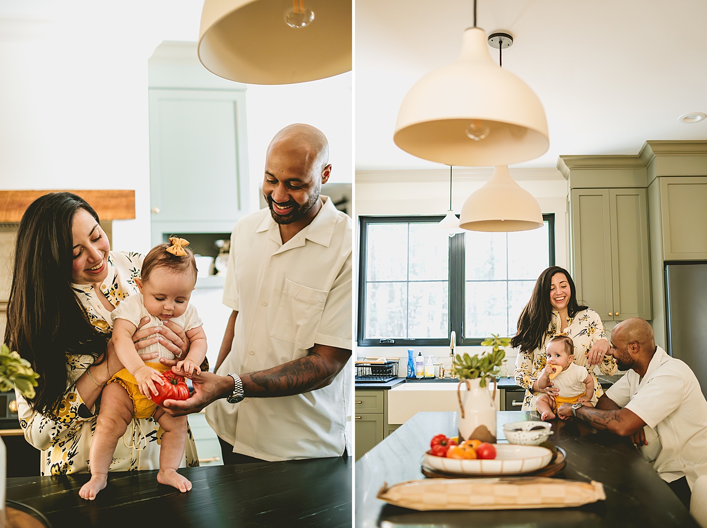 Family with baby hanging out in kitchen