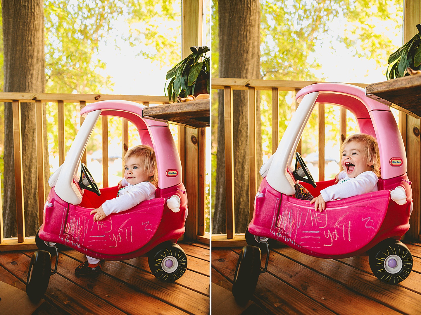 Toddler driving a toy car