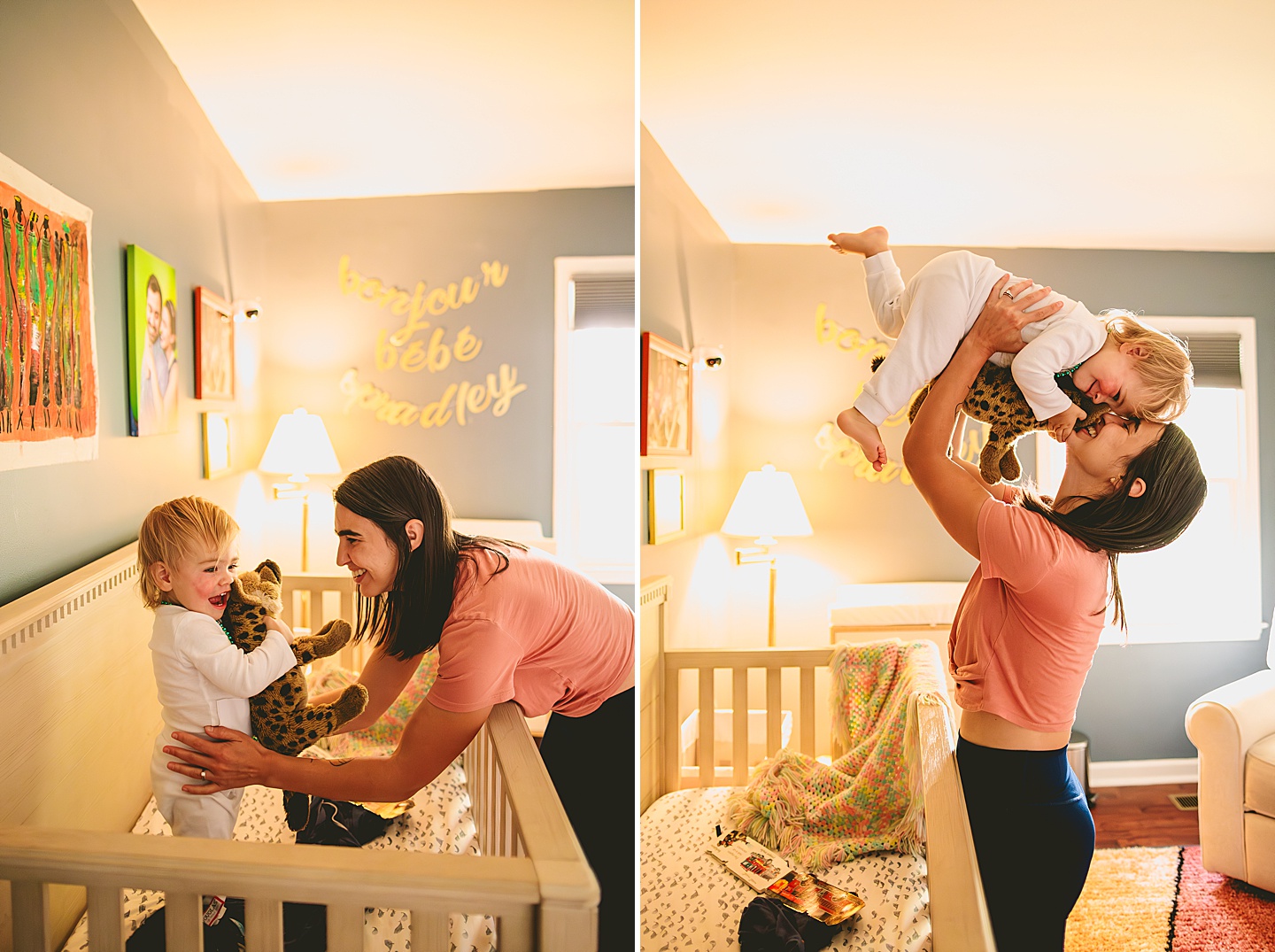 Toddler playing in crib